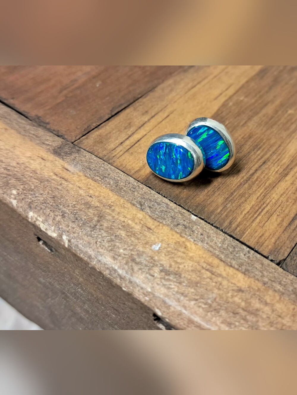 Vintage Sterling Silver Oval Blue Opal Inlay Stud Earrings - Picture 5 of 8